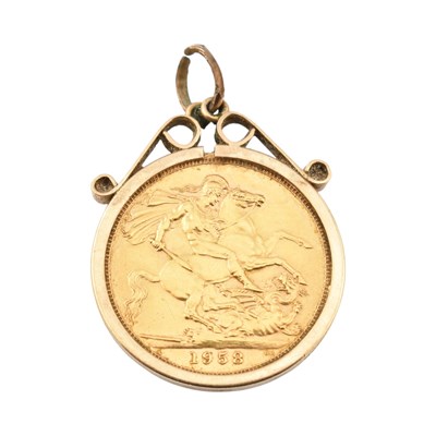 Lot 409 - HALLMARKED 9CT GOLD MOUNTED 1958 FULL GOLD SOVEREIGN