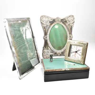 Lot 164 - HALLMARKED SILVER & WOODEN TABLE TOP BOX, CLOCK & 2 PHOTOGRAPH FRAMES