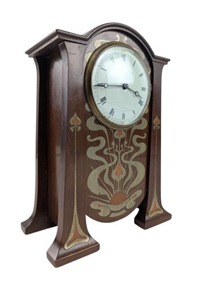 Lot 35 - BELIEVED LIBERTY & CO, LONDON - ART NOUVEAU MAHOGANY & BRASS INLAID MANTEL CLOCK