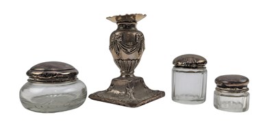 Lot 113 - EDWARD VII HALLMARKED SILVER CANDLESTICK & THREE SILVER & GLASS POTS