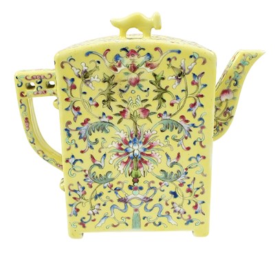 Lot 97 - YELLOW GROUNG FAMILLE ROSE TEAPOT 黄地粉彩缠枝莲方壶