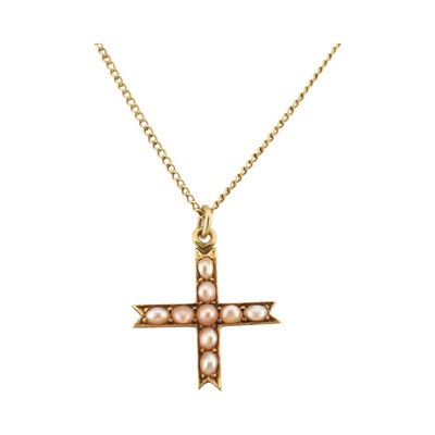 Lot 218 - EARLY 20TH CENTURY GOLD & PEARL CROSS PENDANT NECKLACE