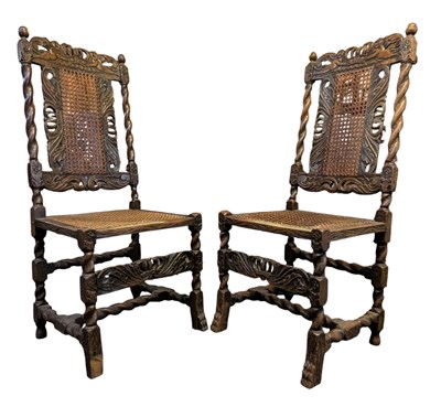 Lot 269 - PAIR OF CHARLES I 17TH CENTURY CARVED OAK AND CANE DINING / HALL CHAIRS