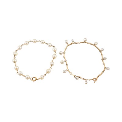 Lot 436 - TWO 9CT GOLD & CULTURED PEARL BRACELETS