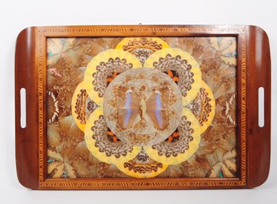 Lot 206 - EDWARDIAN MARQUETRY INLAID BUTTERFLY WING SERVING TRAY