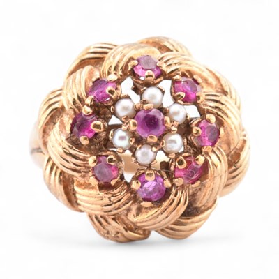 Lot 173 - 1970S GOLD RUBY & PEARL CLUSTER RING