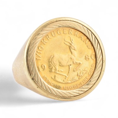 Lot 460 - HALLMARKED 9CT GOLD 1/10OZ KRUGERRAND COIN RING