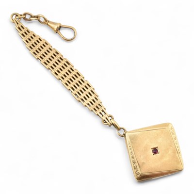 Lot 107 - GOLD MESH LINK FOB CHAIN & RUBY SET LOCKET