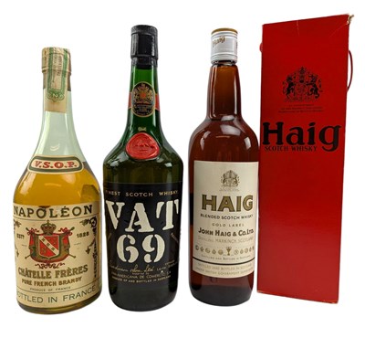 Lot 218 - TWO BOTTLES OF SCOTCH WHISKY, HAIG & VAT 69 & A BOTTLE OF BRANDY (3)