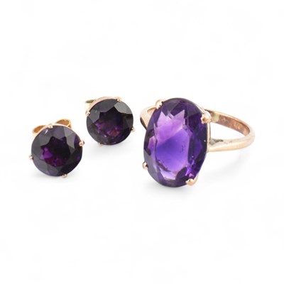 Lot 455 - 9CT GOLD AND AMETHYST EARRING AND RING SET.