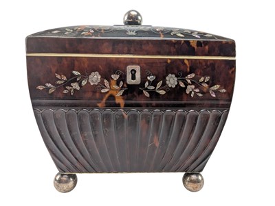 Lot 10 - 19TH CENTURY REGENCY TORTOISESHELL & IVORY INLAID TEA CADDY