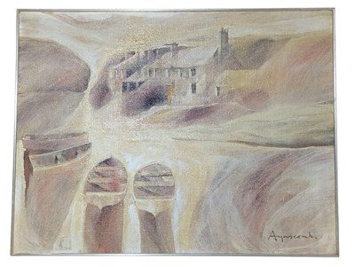 Lot 8 - MARTIN JOHN AYNSCOMB-HARRIS (1937-2016) - BOAT SCENE OIL ON CANVAS PAINTING