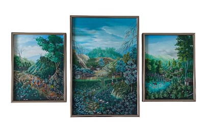 Lot 40 - JEAN-PIERRE VILME (HAITI, 20TH CENTURY) - THREE OIL ON CANVAS LANDSCAPE PAINTINGS