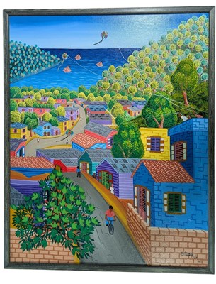 Lot 50 - JACQUES-LIONEL HENRY (B. 1950) - UNTITLED HAITI SCENE OIL ON CANVAS PAINTING