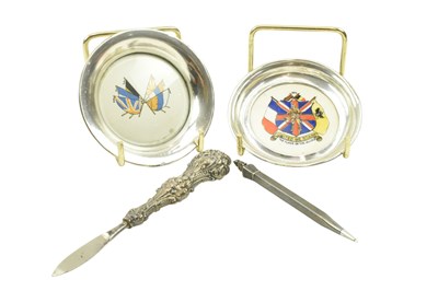Lot 92 - EARLY 20TH CENTURY VANITY NAIL TOOL & TWO SILVER RIMMED TRINKET DISHES