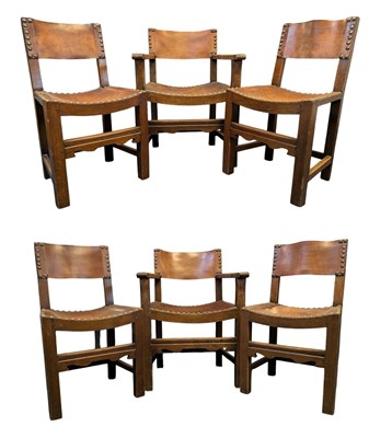 Lot 322 - SIX SPANISH BRUTALIST INSPIRED LEATHER & OAK STUDDED CHAIRS