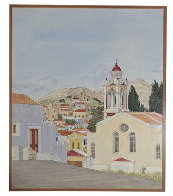 Lot 149 - SHIRLEY TEED (1933-2018) - ST. ELEFTHERIOS, SYMI, GREECE - WATERCOLOUR PAINTING