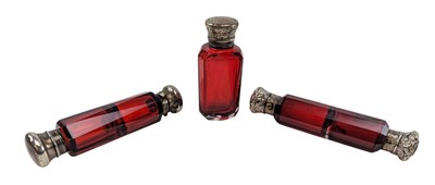 Lot 9 - THREE VICTORIAN 19TH CENTURY SILVER & RUBY RED GLASS DUAL SCENT BOTTLES