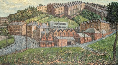 Lot 427 - GERALD A. CAINS (B. 1932) - TOTTERDOWN - 20TH CENTURY OIL ON BOARD LANDSCAPE PAINTING