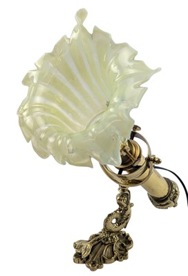 Lot 141 - ART NOUVEAU GILT METAL & YELLOW VASELINE GLASS FLOWER GIMBAL WALL SCONCE