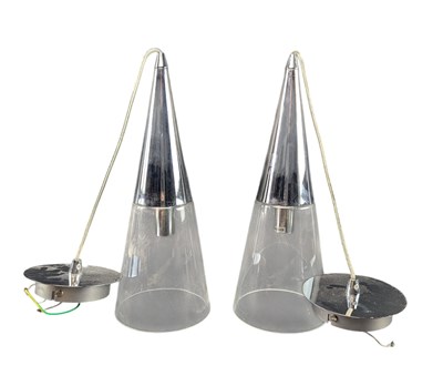 Lot 406 - PAIR OF ITALIAN IDEAL LUX MID CENTURY CHROME & GLASS CONICAL CEILING PENDANT LIGHTS