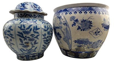 Lot 22 - TWO 20TH CENTURY CHINESE BLUE & WHITE PORCELAIN JARS / JARDINIERES