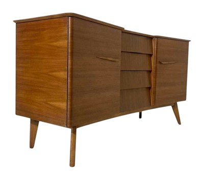 Lot 47 - ALFRED COX - MID CENTURY WALNUT BEEHIVE FRONTED SIDEBOARD CREDENZA
