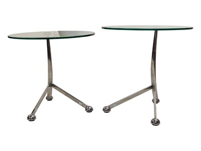 Lot 565 - MANNER OF EILEEN GREY - PAIR OF MID CENTURY CHROME & GLASS OCCASIONAL TABLES