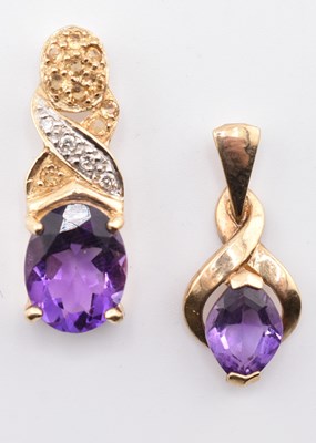 Lot 295 - TWO HALLMARKED 9CT GOLD AMETHYST & GEM SET NECKLACE PENDANTS