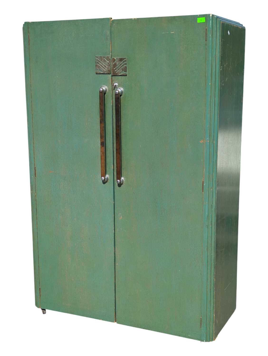 Lot 759 - 1930S ART DECO GREEN ART DECO LARGE LADIES WARDROBE