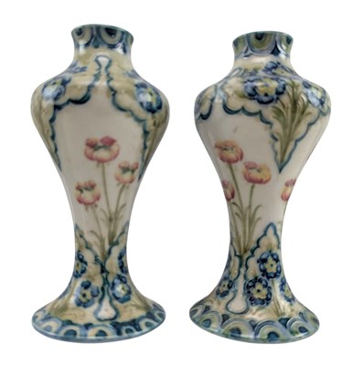 Lot 14 - JAMES MACINTYRE & CO DESIGNED BY W. MOORCORFT - PAIR OF 'FLORAL PANELS' VASES
