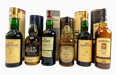 Lot 208 - SIX AGED SINGLE MALT SCOTCH WHISKIES IN BOXES, GLENLIVET, ABERLOUR, GLEN MORAY & MORE