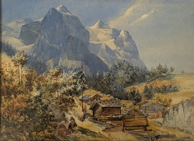 Lot 98 - LATE 19TH CENTURY CONTINENTAL WATERCOLOUR ON PAPER ALPS PAINTING