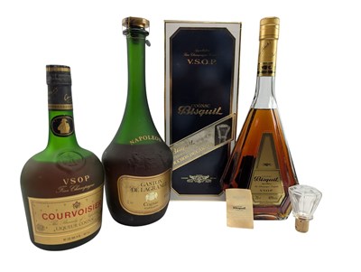 Lot 178 - THREE FRENCH V.S.O.P. & NAPOLEON COGNAC BOTTLES, BISQUIT, COURVOISIER & OTHER
