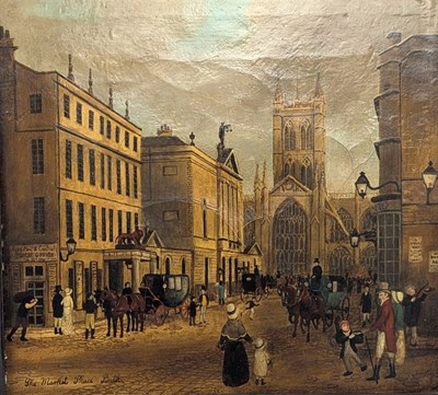 Lot 3 - THE MARKET PLACE, BATH - A 19TH CENTURY OIL ON CANVAS TOWN PAINTING