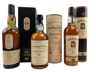 Lot 205 - THREE AGED SINGLE MALT SCOTCH WHISKY BOTTLES IN BOXES, LAGAVULIN, BALVENIE & ABERLOUR