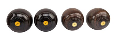 Lot 128 - SET OF FOUR VINTAGE WOODEN BOULES / LAWN BALLS IN LEATHER BAG