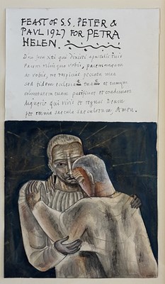 Lot 305 - DAVID JONES (1895-1974) - SAINTS PETER & PAUL, 1927, TO PETRA HELEN - WATERCOLOUR & LETTERING