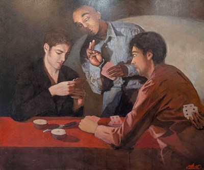 Lot 321 - ALEX RENNIE (B. 1977) - THE CARDSHARPS AFTER CARAVAGGIO - 2005 - OIL ON CANVAS