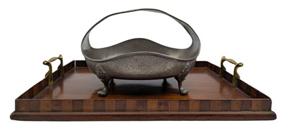 Lot 85 - VICTORIAN WOODEN TRAY WITH TWIN BRASS HANDLES & SHEFFIELD PEWTER BASKET