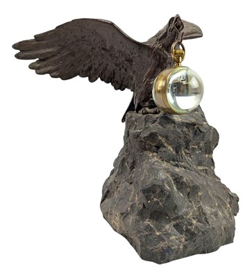 Lot 62 - EARLY 20TH CENTURY EAGLE-SHAPED BRONZE & STONE WATCH HOLDER WITH TIMEPIECE