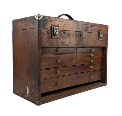 Lot 124 - EARLY 20TH CENTURY WOODEN TOOL CHEST OF DRAWERS WITH COVER