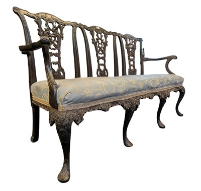 Lot 380 - CHIPPENDALE REVIVAL EARLY 20TH CENTURY MAHOGANY FARMHOUSE TRIPLE CHAIRBACK SETTEE