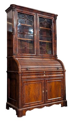 Lot 350 - 19TH CENTURY FLAME MAHOGANY ROLL TOP CYLINDER SECRETAIRE BOOKCASE CABINET