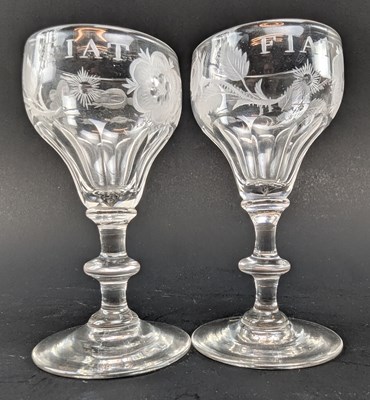 Lot 7 - PAIR OF GEORGE II 18TH CENTURY HAND BLOW & ENGRAVED JACOBITE CORDIAL GLASSES