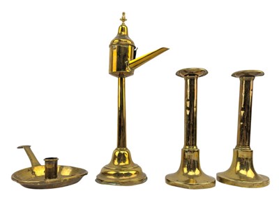 Lot 47 - DUTCH LATE 18TH CENTURY BRASS WHALE OIL LAMP T/W THREE CANDLE HOLDERS
