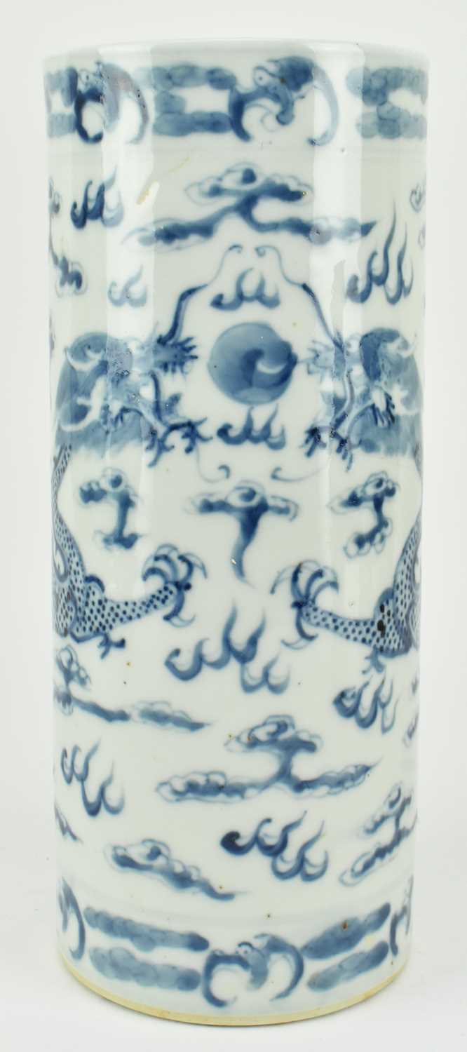Lot 114 - QING BLUE AND WHITE "DRAGON" SLEEVE VASE 清 青花龙纹筒瓶