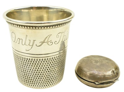 Lot 97 - 20TH CENTURY 'ONLY A THIMBLE FULL' STERLING SILVER JIGGER CUP