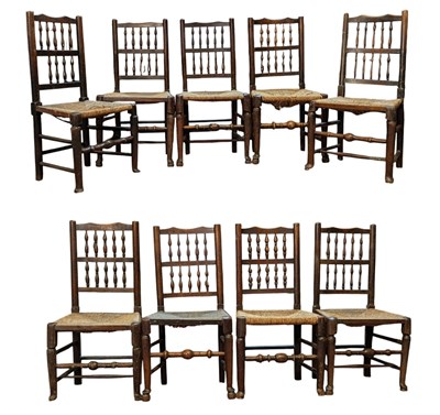 Lot 329 - NINE NORTH COUNTRY 19TH CENTURY OAK & RUSH SEAT HIGH BACK CHAIRS