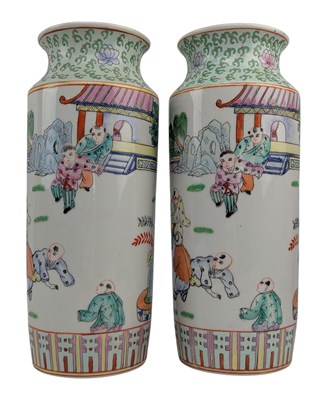 Lot 48 - PAIR OF MID CENTURY CHINESE FAMILLE ROSE PORCELAIN SLEEVE VASES